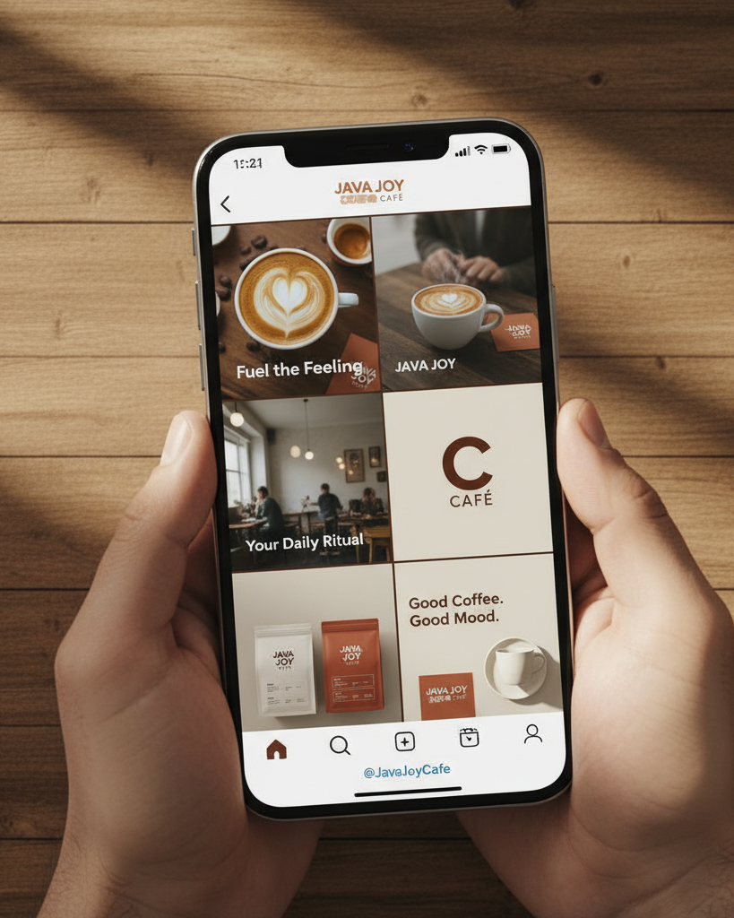 Social media grid mockup showcasing a cohesive, AI-assisted content system for consistent brand storytelling.