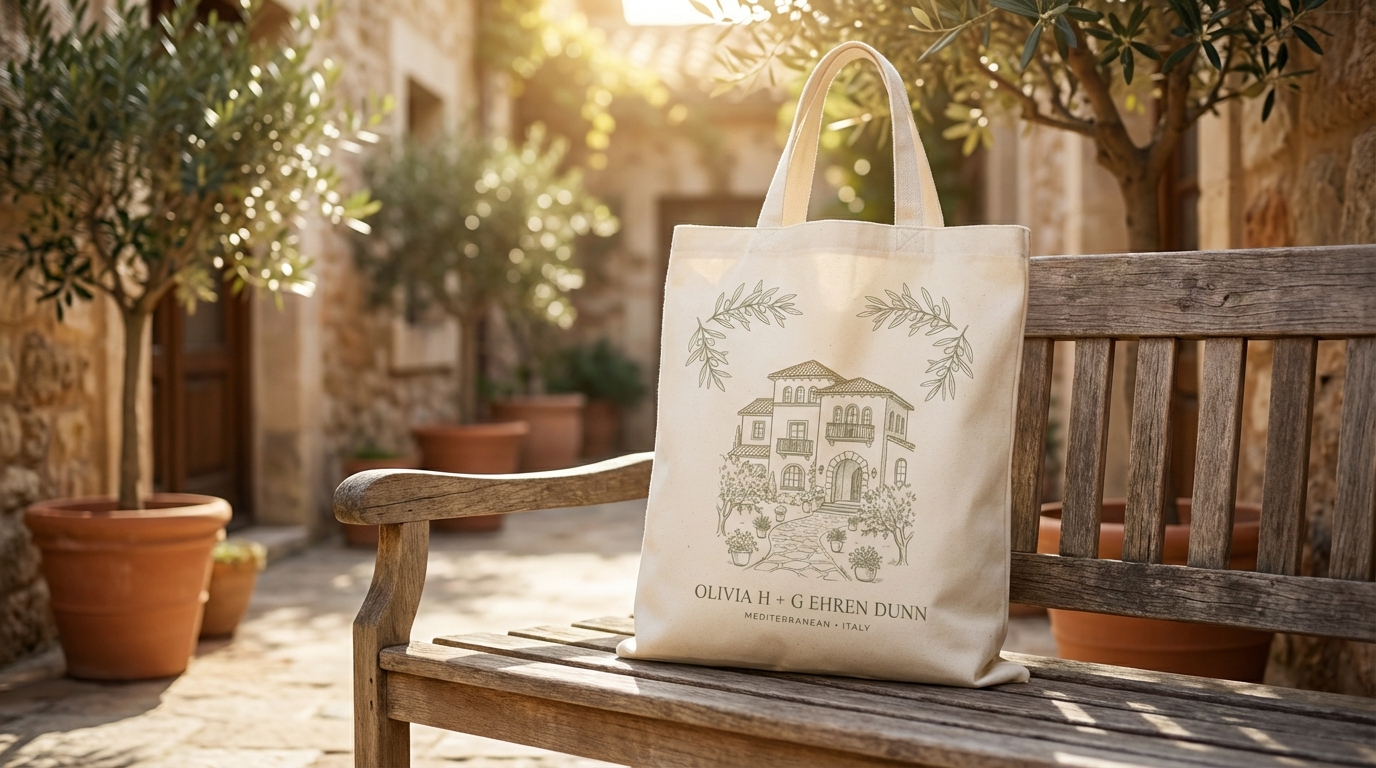 Courtyard presentation — tote and welcome sign styled in Mediterranean setting
